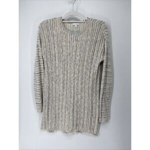 J.Jill Marled Knit Tunic Sweater Women's XS Gray Beige Fringe Hemp‎ Button-Back